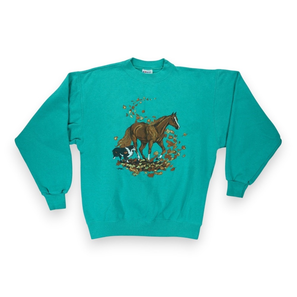 Vintage Hanes Sweater Adult Pullover Sweatshirt Horse & Dog Print ~ Large 42-44